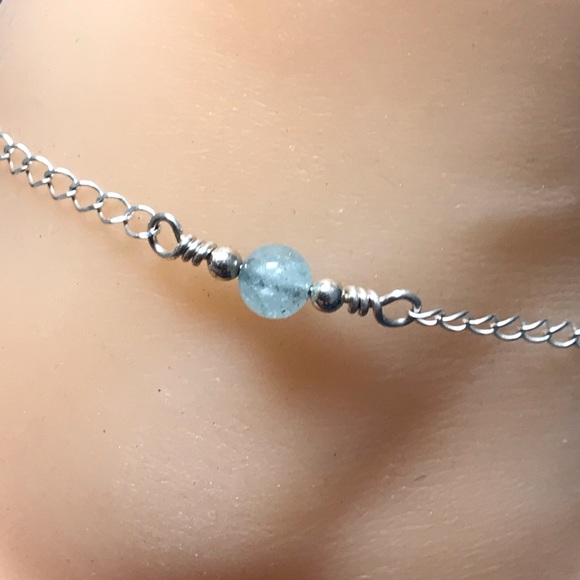 Aquamarine Ankle Bracelet- Genuine Aquamarine Sterling Silver Anklet - Picture 4 of 7
